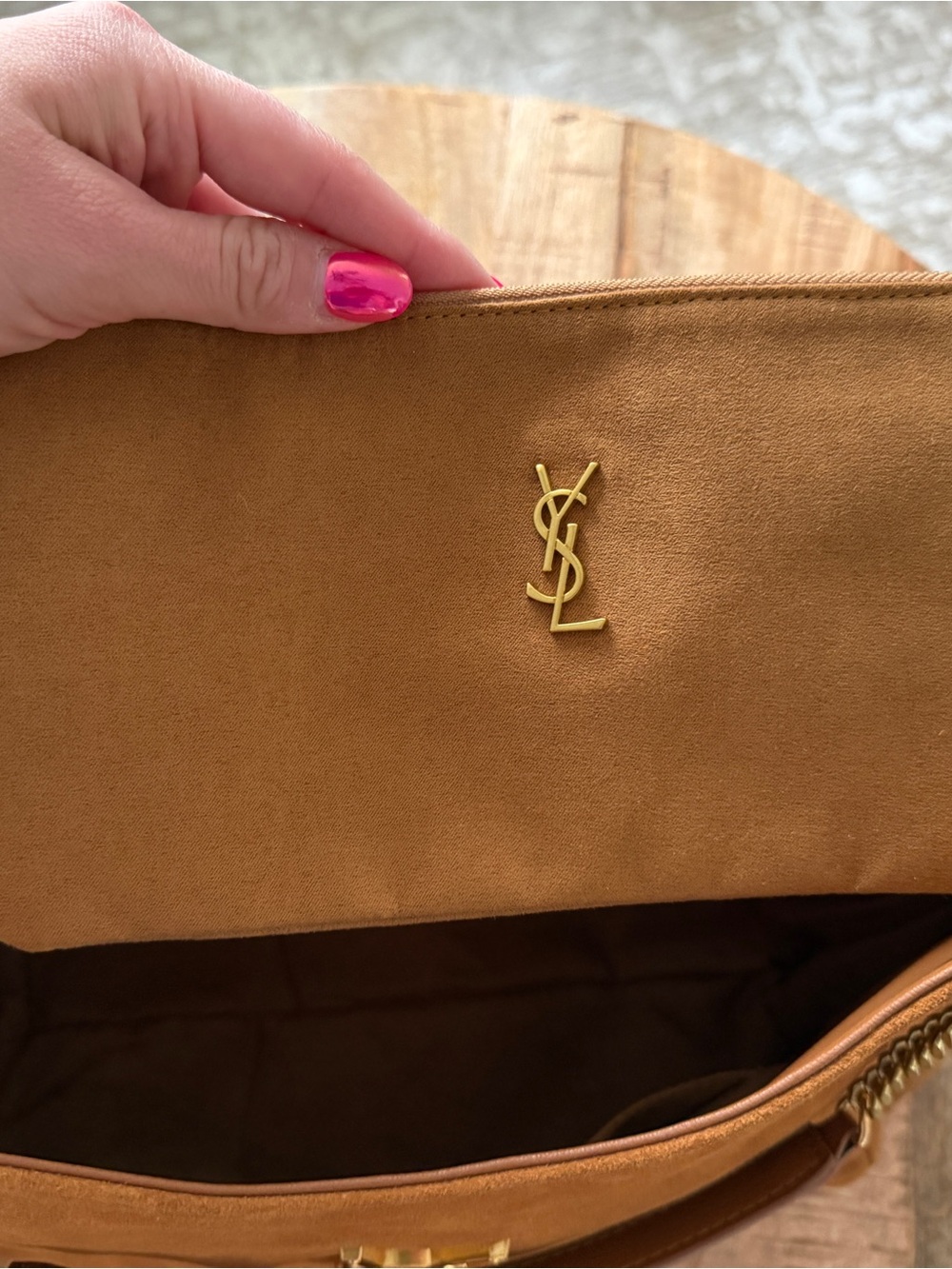 Saint Laurent Suede Shoulder Bag in Warm Tan with Gold YSL Hardware - Picture 4 of 4